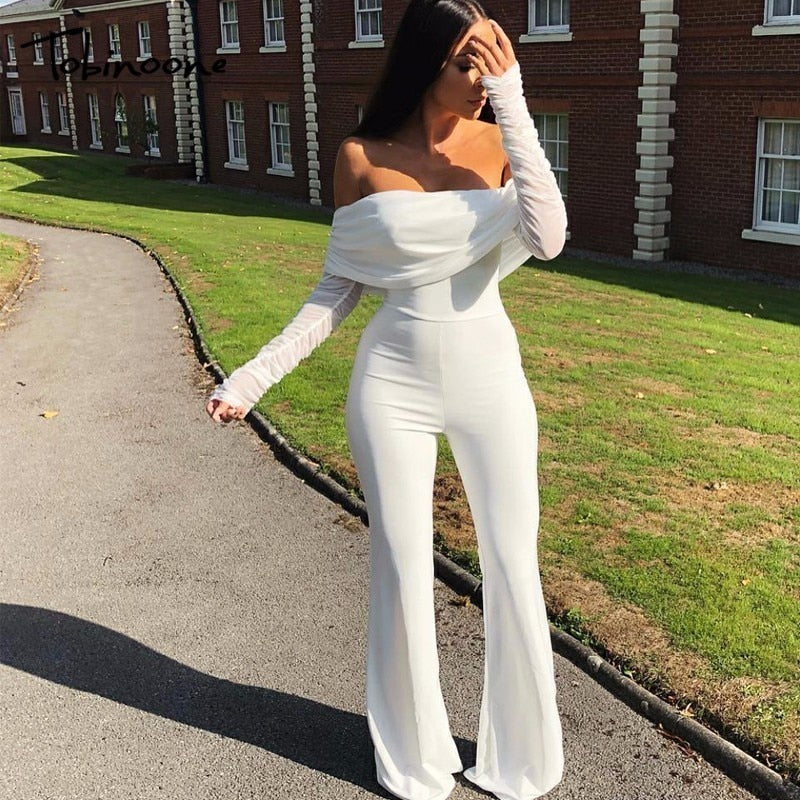 Lace Off Shoulder Long Sleeve Wide Extended Leg Jumpsuits
