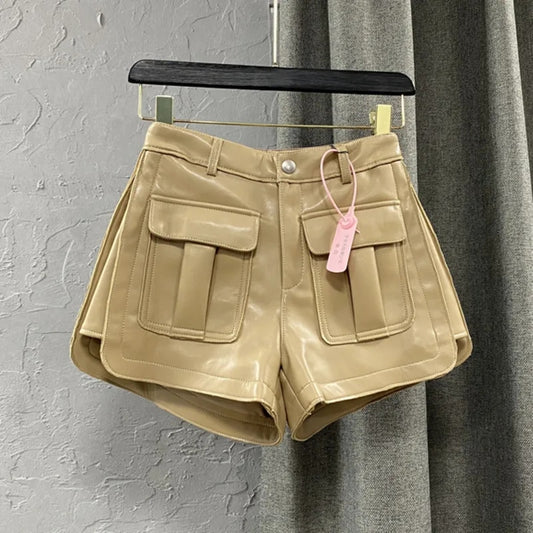 Pu High Waist Loose Cargo Short