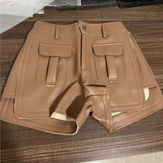 Pu High Waist Loose Cargo Short