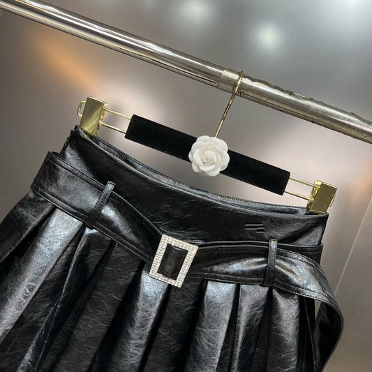 Pu Leather Diamond Buckle Belt Mini Skirt
