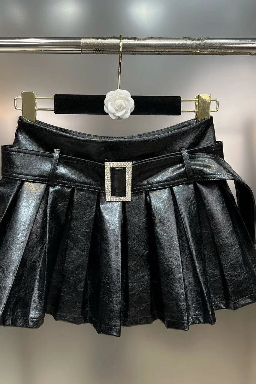 Pu Leather Diamond Buckle Belt Mini Skirt