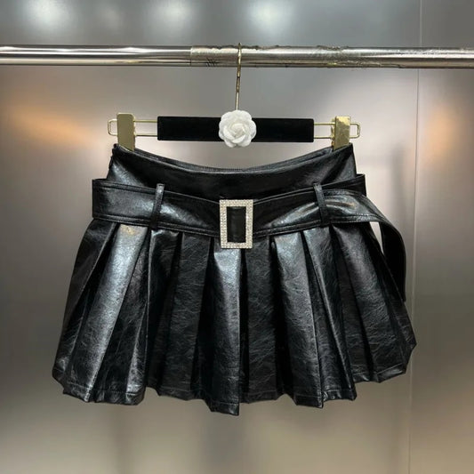 Pu Leather Diamond Buckle Belt Mini Skirt