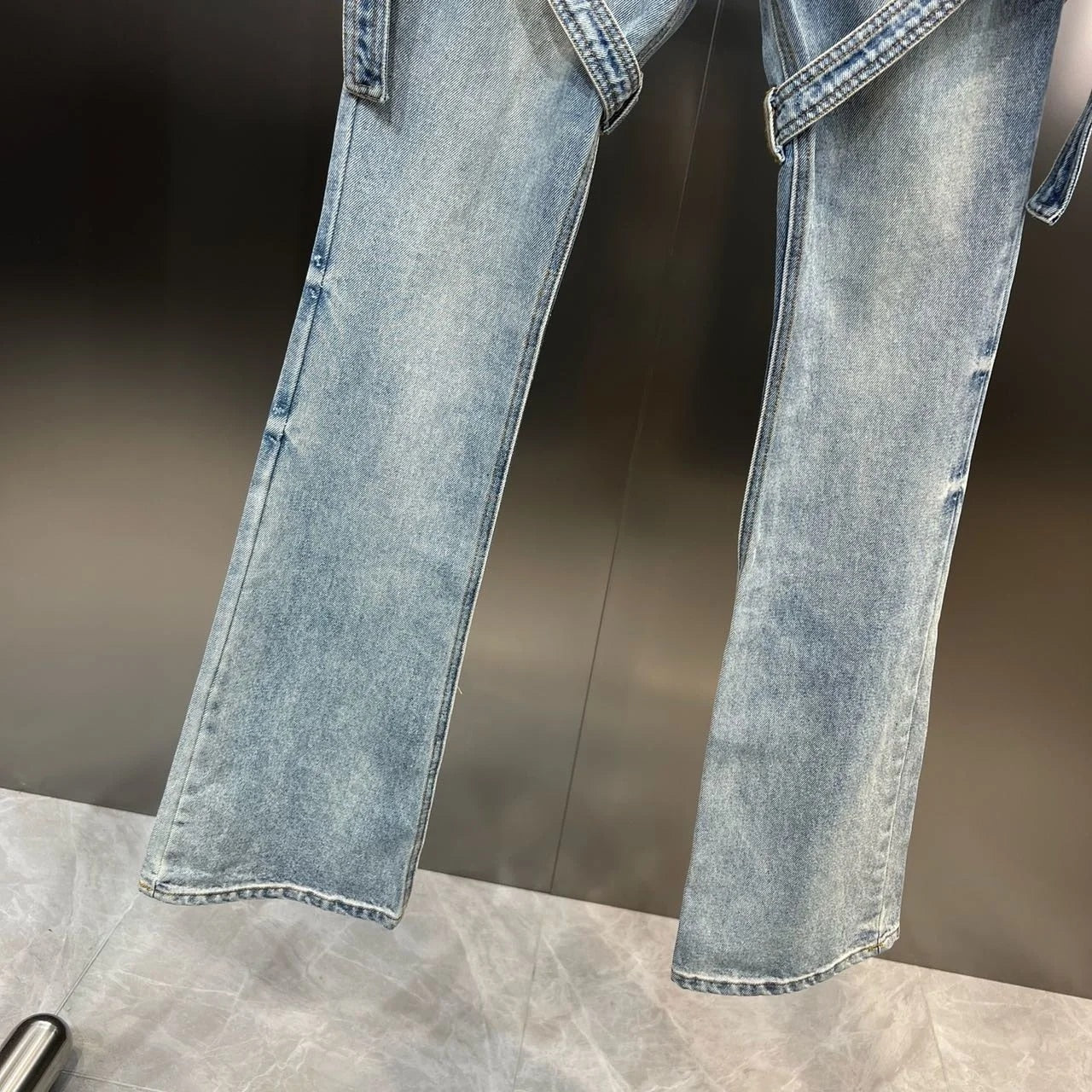 High Waist Double Buttons Bandage Blue Denim Jeans
