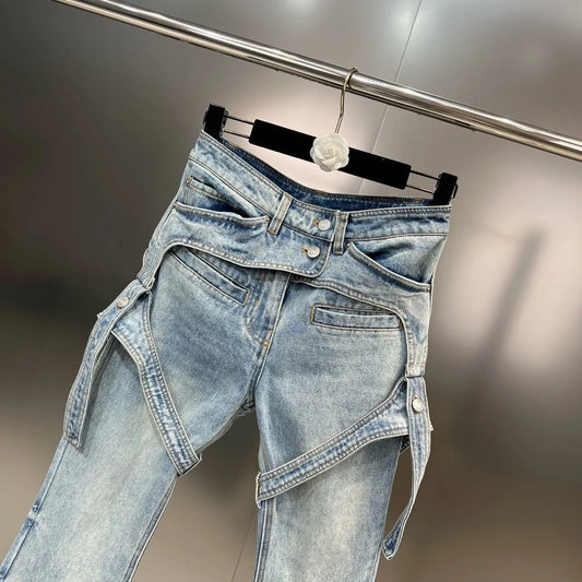 High Waist Double Buttons Bandage Blue Denim Jeans