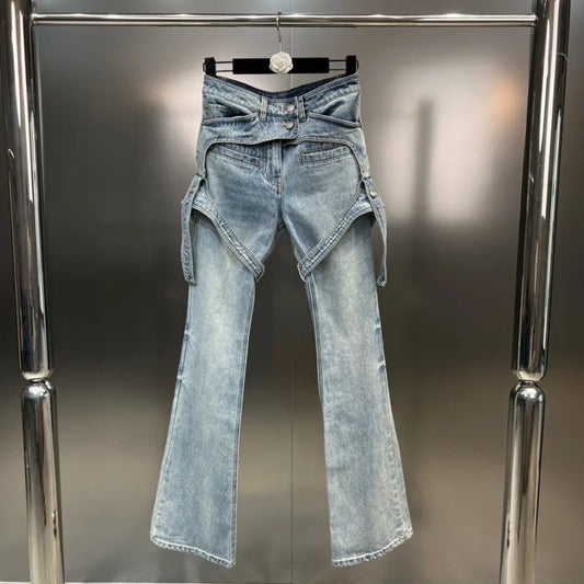 High Waist Double Buttons Bandage Blue Denim Jeans