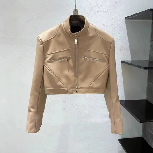Short Pu Leather Jackets Stand Collar