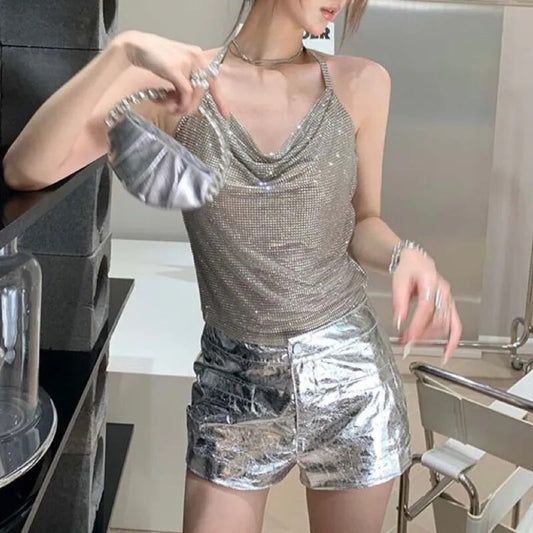 Sleeveless Diamond Halter Tank Crop Top