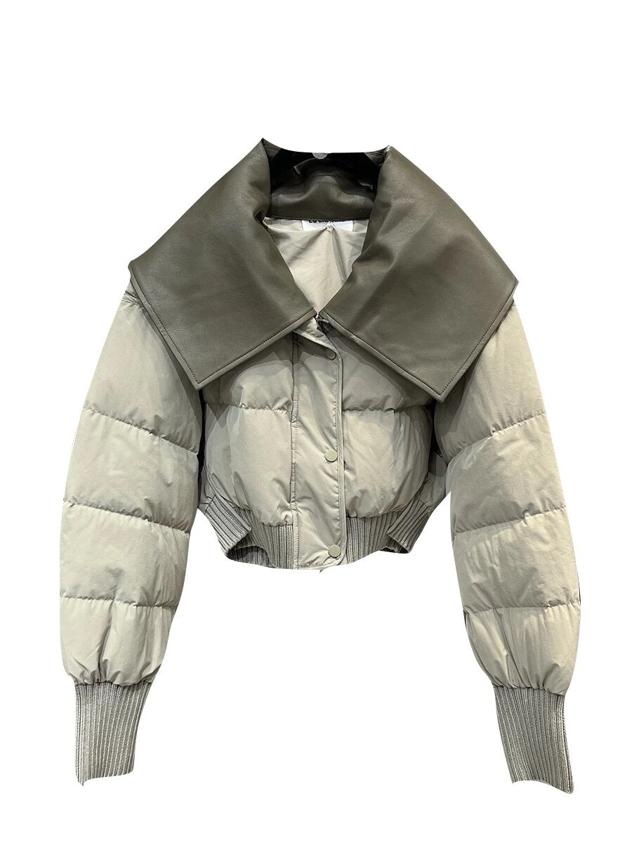 Pu Leather Turn Down Collar Duck Down Jackets