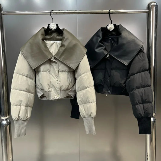 Pu Leather Turn Down Collar Duck Down Jackets