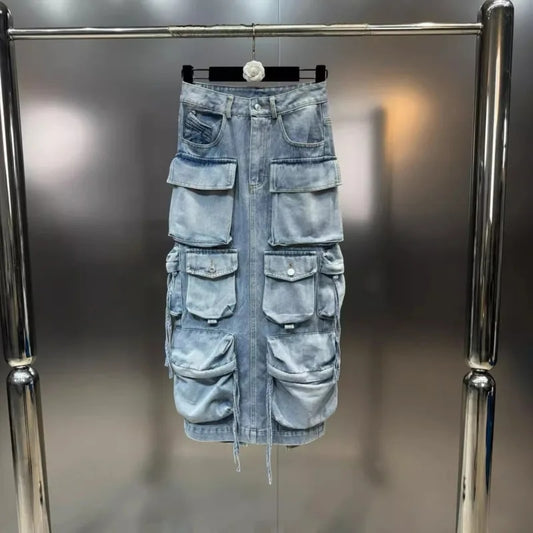 Light Blue Multi Pockets Distressed Denim Skirt
