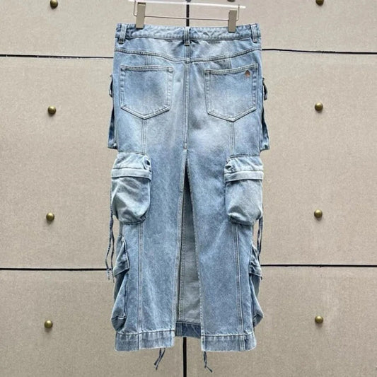 Light Blue Multi Pockets Distressed Denim Skirt