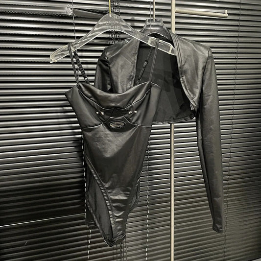 Pu Style Sleeveless Bodysuits & Crop Top Set