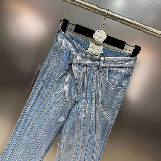 Silver Striped Blue Loose Denim Pants