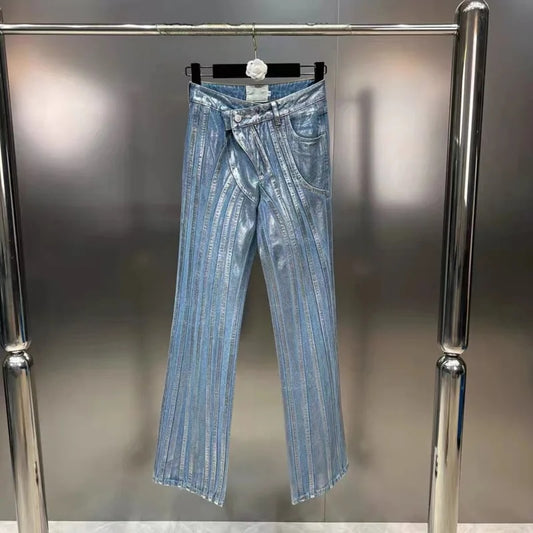 Silver Striped Blue Loose Denim Pants