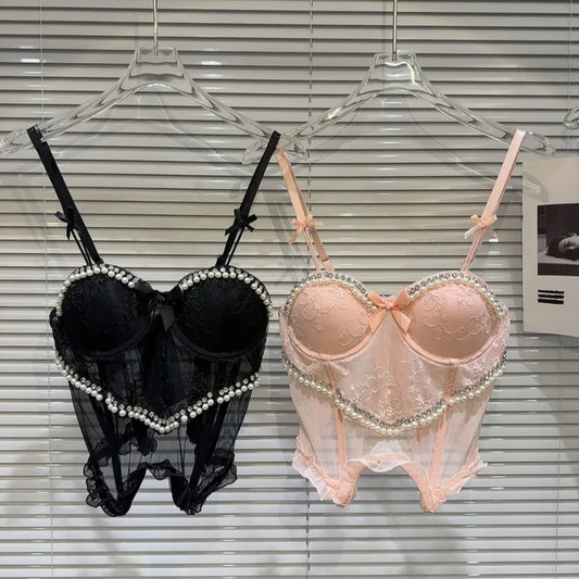 Rhinestone Pearl Beadings Lace Mesh Crop Tops