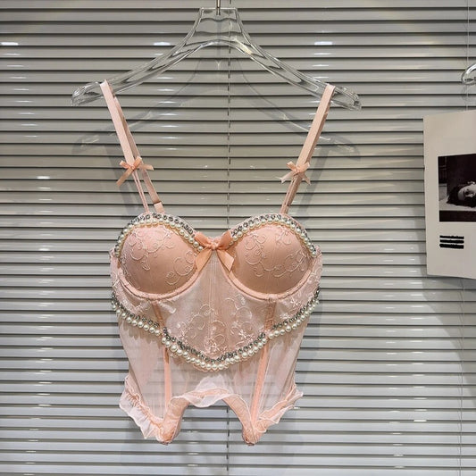 Rhinestone Pearl Beadings Lace Mesh Crop Tops