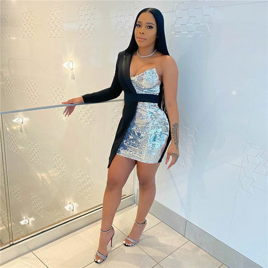 Sequined One Sleeve Blazer Mini Dresses