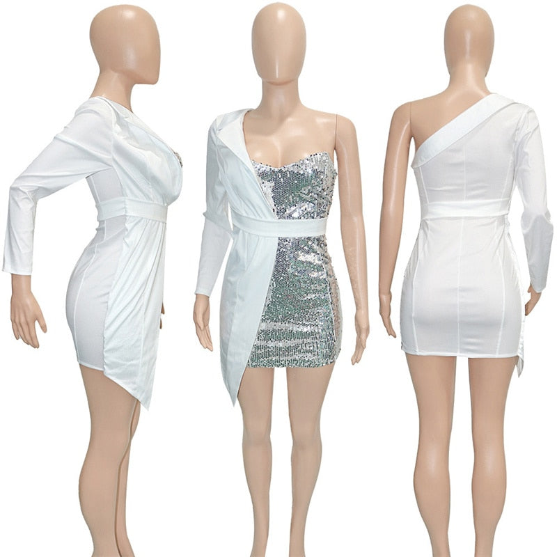 Sequined One Sleeve Blazer Mini Dresses