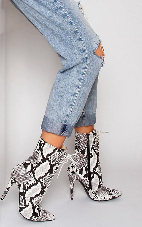 Snake Print Above Ankle High Heels Boots