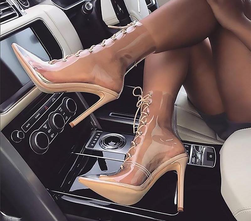 Transparent Tie Up Above Ankle High Heels Boots