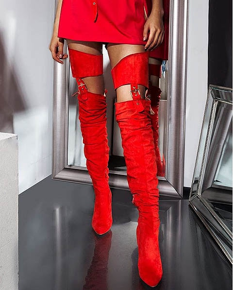 SUEDE WAIST BELT MID-THIGH STRAP HIGH HEEL BOOTS (MULTI-COLORS)