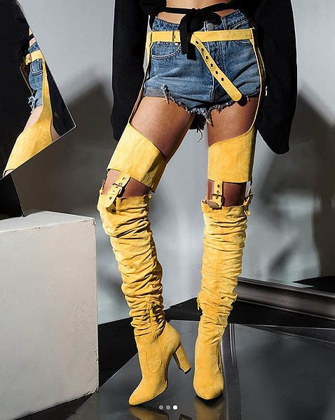 SUEDE WAIST BELT MID-THIGH STRAP HIGH HEEL BOOTS (MULTI-COLORS)