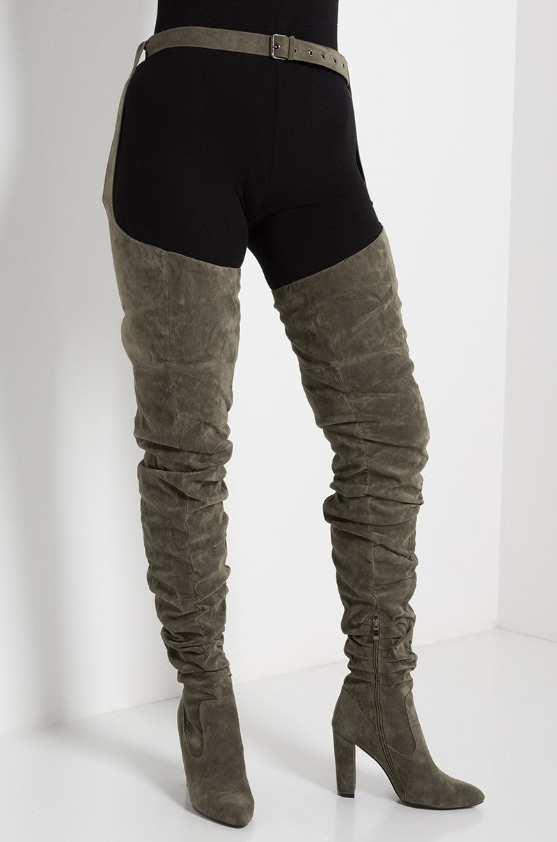 SUEDE WAIST BELT MID-THIGH HIGH HEEL BOOTS (MULTI-COLORS)