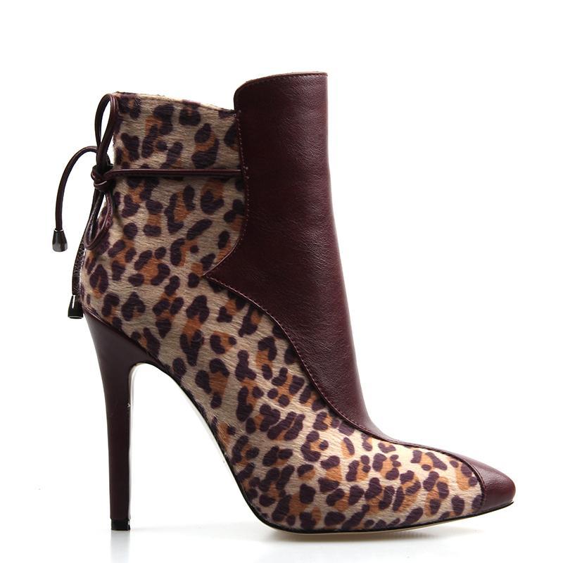 Leopard Pointed Toe Ankle High Heels Boots