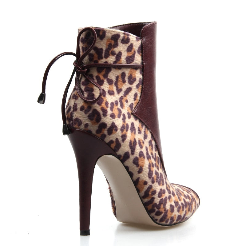 Leopard Pointed Toe Ankle High Heels Boots