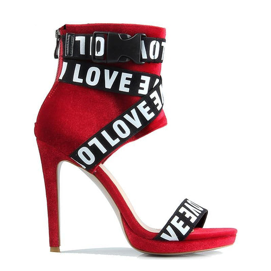 Red Love Strap Open Toe High Heels