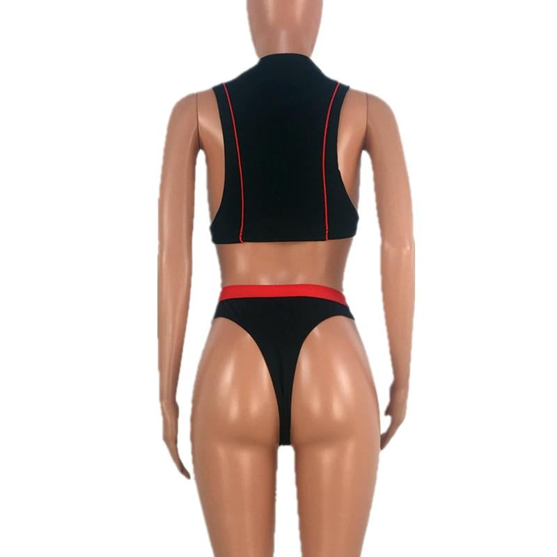 Zipper Striped Crop Top Belt Buckle Thong Bikini Sets