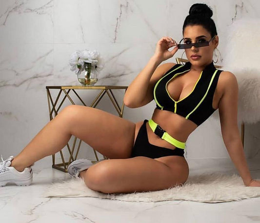 Zipper Striped Crop Top Belt Buckle Thong Bikini Sets