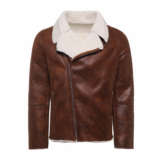 Brown Faux Suede Leather Turn Down Collar Slim Jacket