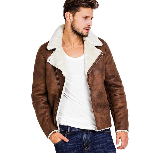 Brown Faux Suede Leather Turn Down Collar Slim Jacket