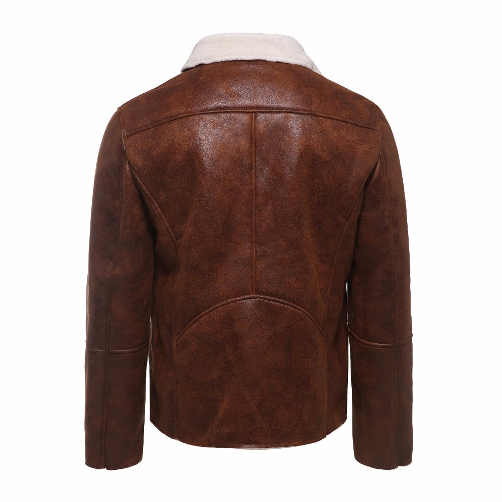 Brown Faux Suede Leather Turn Down Collar Slim Jacket