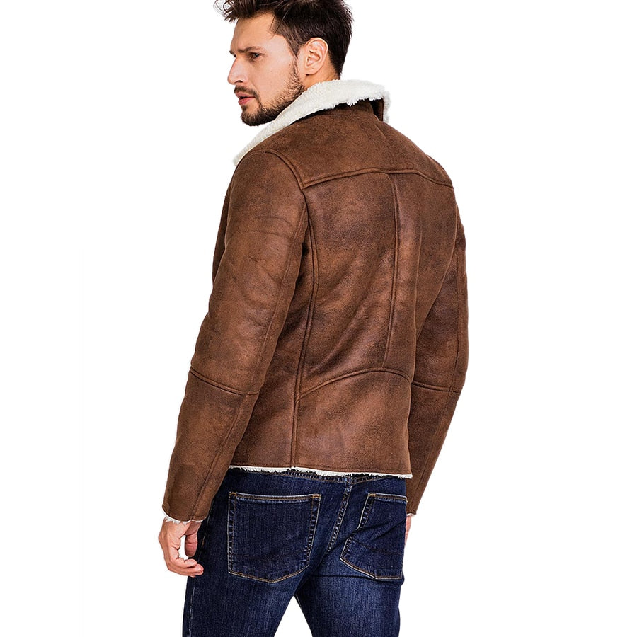 Brown Faux Suede Leather Turn Down Collar Slim Jacket