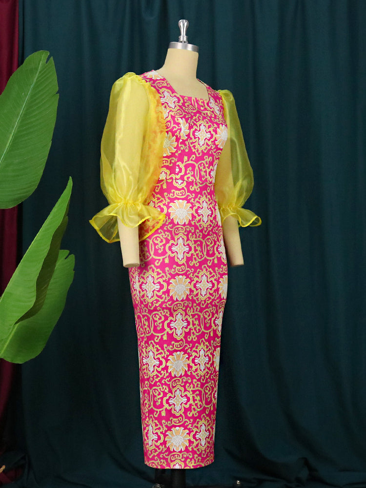 Vintage Print Puff Sleeves Pencil Dress