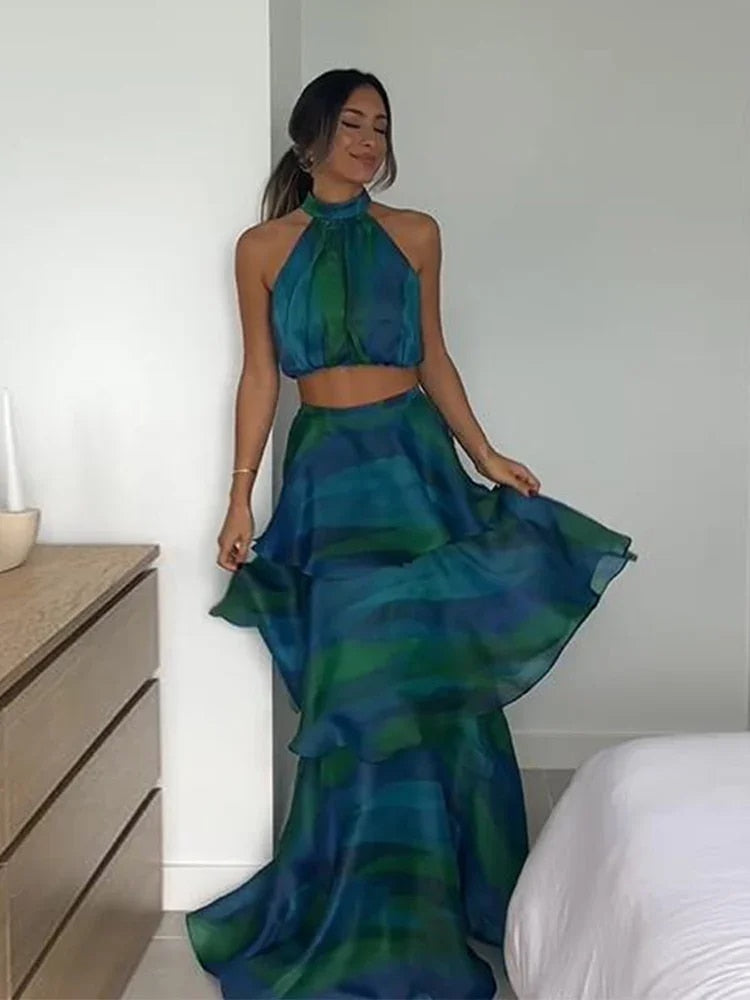 Printed Halter Crop Top & Long Ruffle Skirts Sets