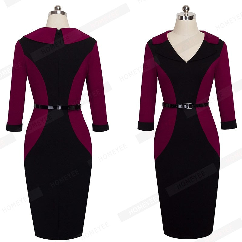 Classic V Neck Belted Contrasting Business Bodycon Dresses