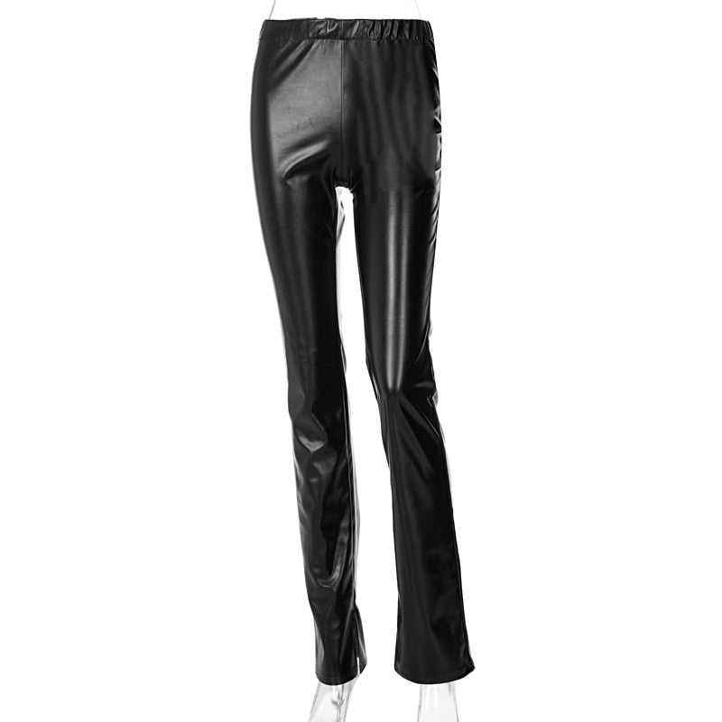 Pu Leather Corset Crop Top & Flare Slit Pants