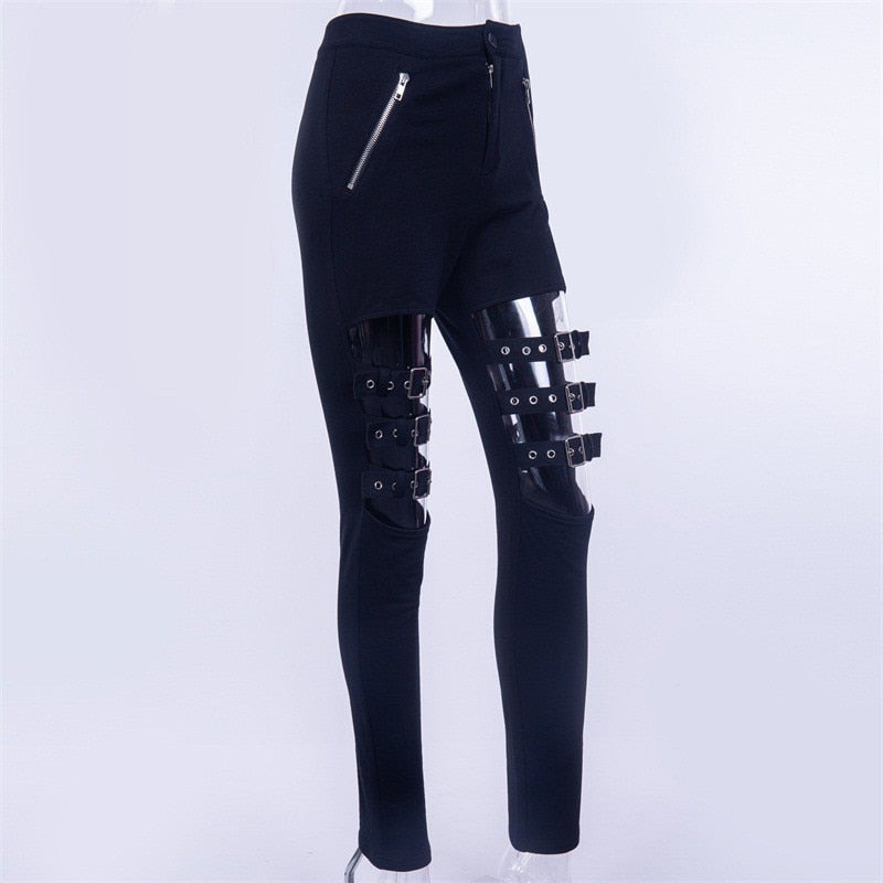 Black High Waist Hollow Out Adjustable Thigh Buckle Pants