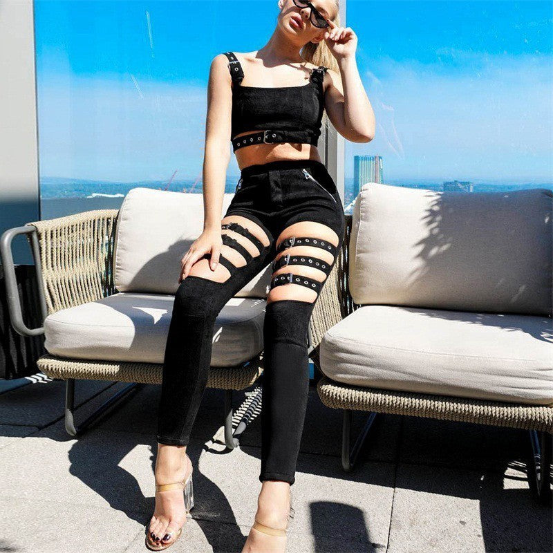 Black High Waist Hollow Out Adjustable Thigh Buckle Pants