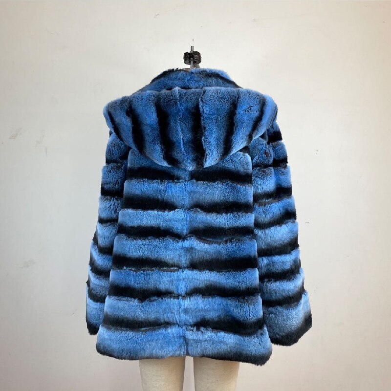 Blue Real Rabbit Fur Hooded Coats