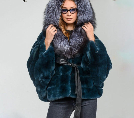 Green Real Rabbit Fur Fox Fur Hood Brim Coat