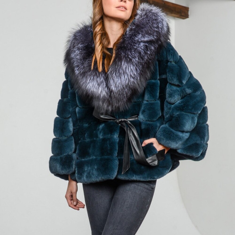 Green Real Rabbit Fur Fox Fur Hood Brim Coat