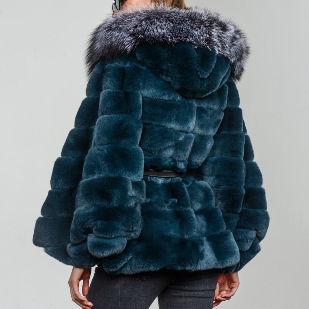 Green Real Rabbit Fur Fox Fur Hood Brim Coat