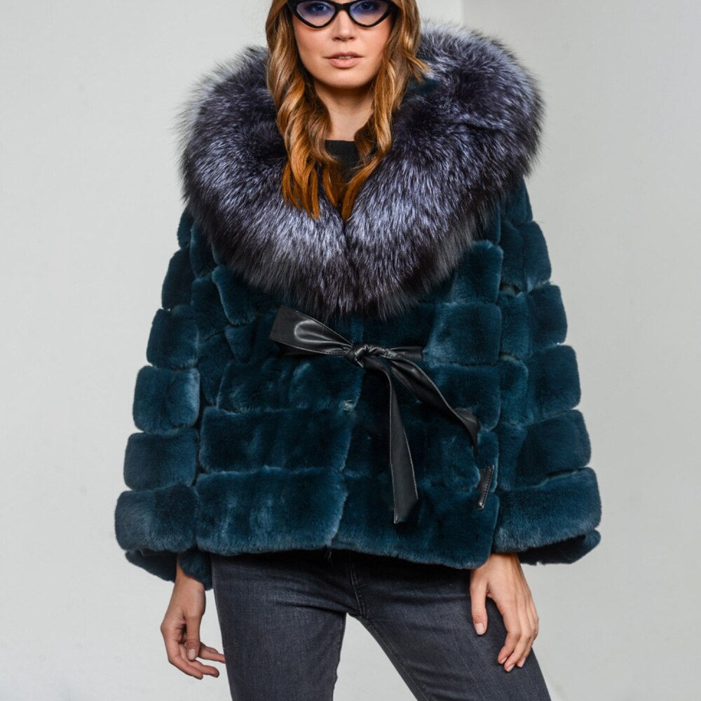 Green Real Rabbit Fur Fox Fur Hood Brim Coat