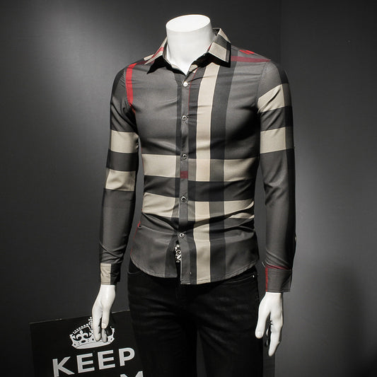 Plaid Turn Down Collar Long Sleeve Slim Fit Button-Down