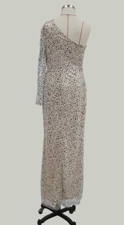 One Shoulder Leopard Bronzing Sequin Maxi Dress
