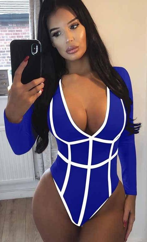 Deep V Neck Striped Long Sleeve Bodysuits